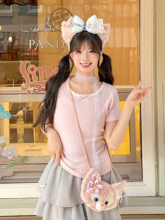 かわいい夢Tシャツ ピンク ラウンドネック