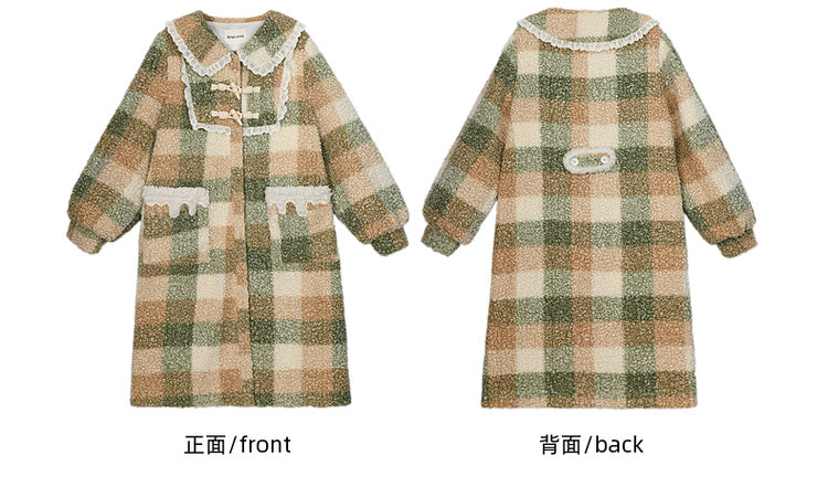 Grüner karierter Fleecemantel mit Polokragen und Spitzenbesatz