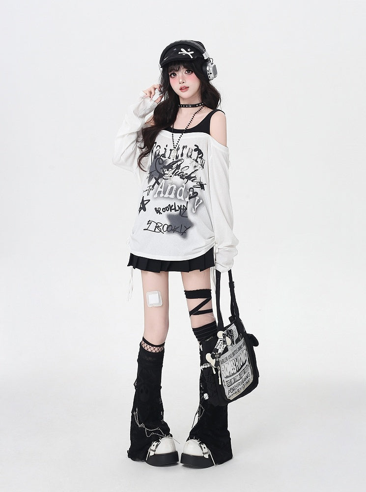 Star Y2K Print Offene Schulter Schwarz/Weiß Top Faux Zweiteiler