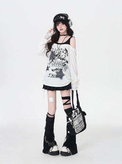 Star Y2K Print Offene Schulter Schwarz/Weiß Top Faux Zweiteiler