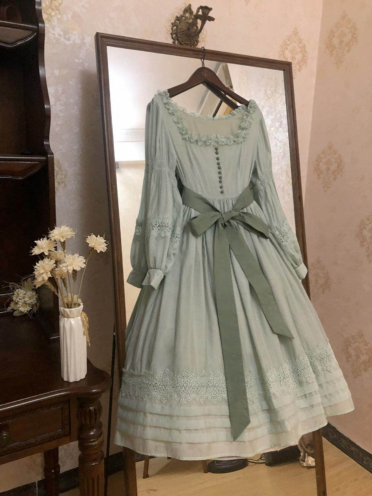 Green Square Neck Classic Lolita Long Sleeve OP