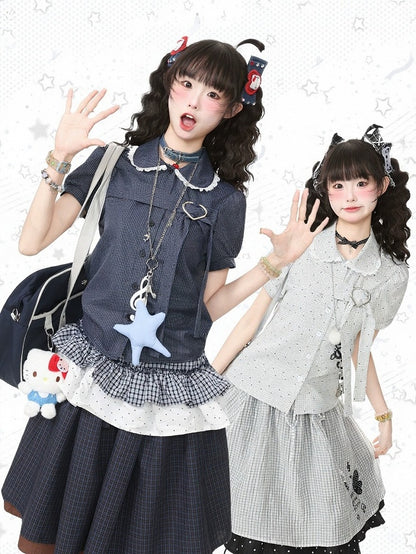 Blue Plaid Peter Pan Collar Shirt with Puff Sleeves and Heart Buckle - Languid Park