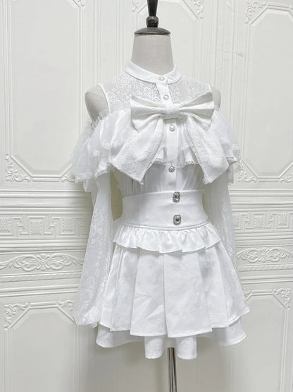 Necklinewith White Lace Long Shoulder Blouse:Illusion Cutouts Sleeves Jirai Kei