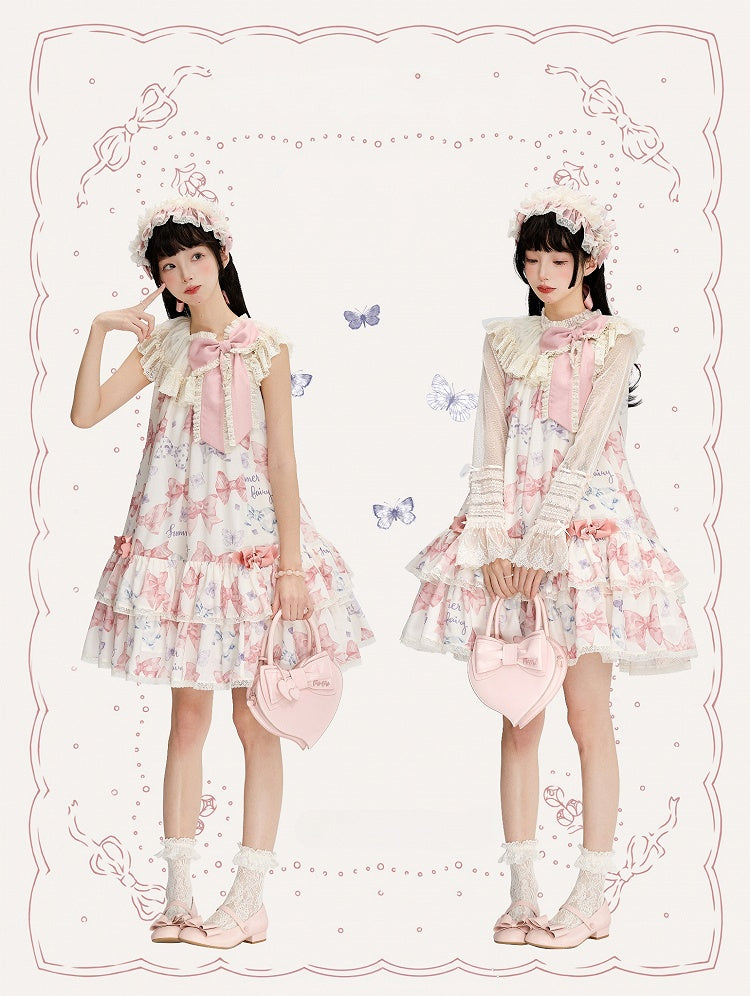 Pink Big Bowknot on Neckline Bows Double Layered Lolita Dress