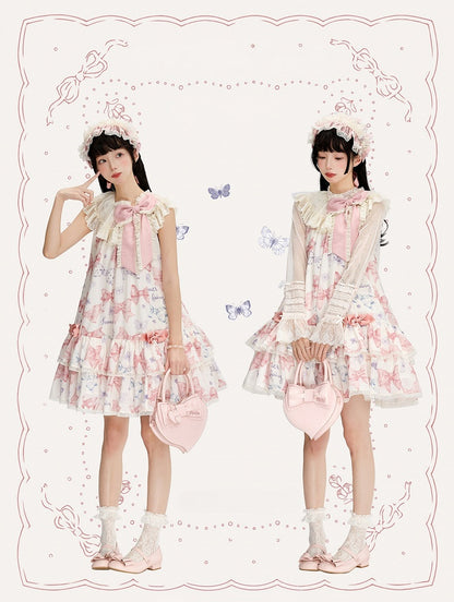 Pink Big Bowknot on Neckline Bows Double Layered Lolita Dress