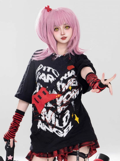 T-Shirt Rot mit Bass Print Schwarz und Graffiti Punk Weiß