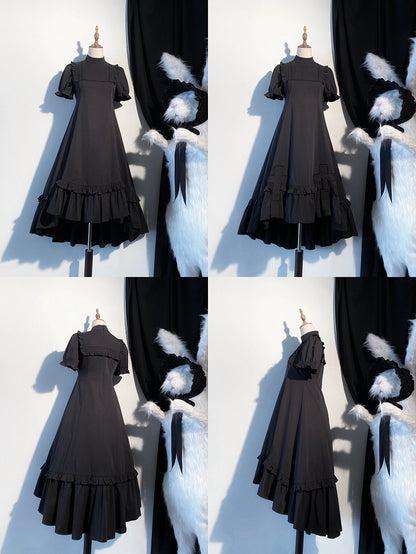Black Gothic Lolita High-Low Ruffled Dress with Cross Patches - Blossom Herald
