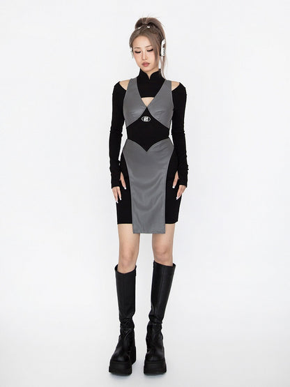 Cyberpunk Futuristisches Schwarz-Graues Stehkragen-Ausschnitt-Detail Ninja Glamouröses Kleid