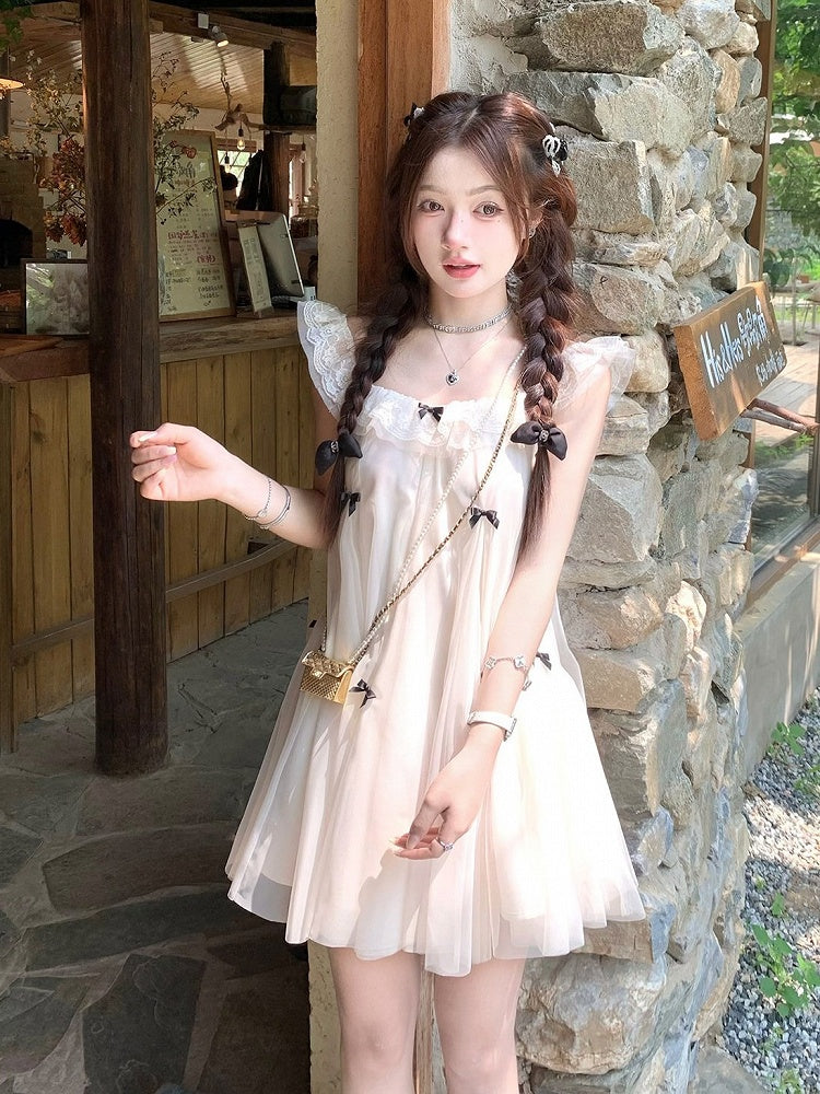 Sweet Apricot Dress with Bow and Lace Trim - Qchiwawameme