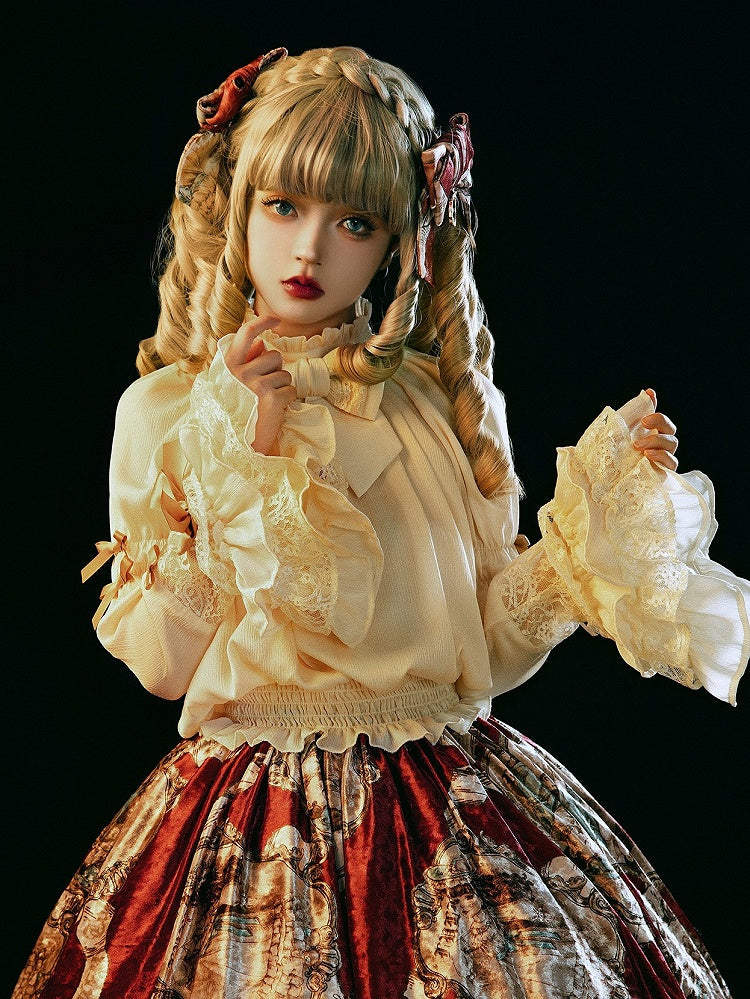 Sleeves Bell Details Rufflesand Lace Blousewith Lolita Apricot Bow