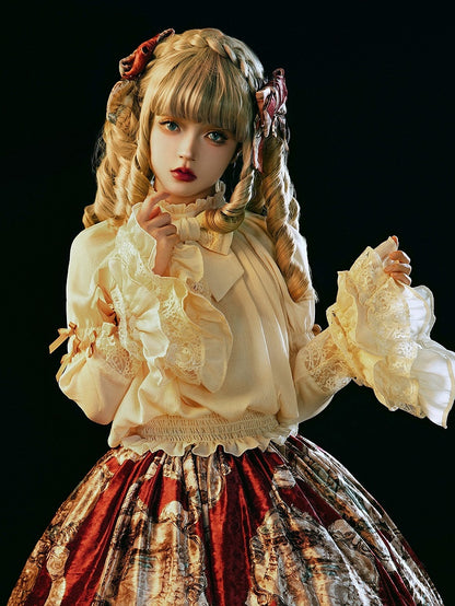 Sleeves Bell Details Rufflesand Lace Blousewith Lolita Apricot Bow