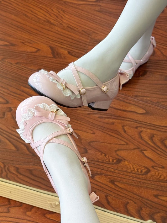 Sweet Pink Round Design Crisscross Snap PU Lolita Low Heels with