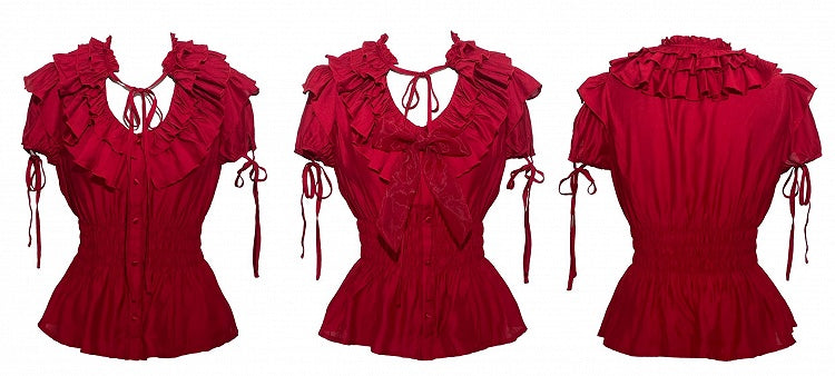 Waist Lolita Blouse Layered Ruffles Gothic Smocked Neckline Red with Elastic