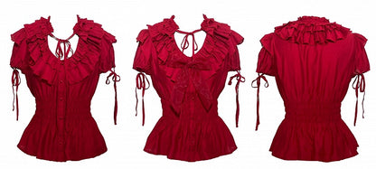 Waist Lolita Blouse Layered Ruffles Gothic Smocked Neckline Red with Elastic