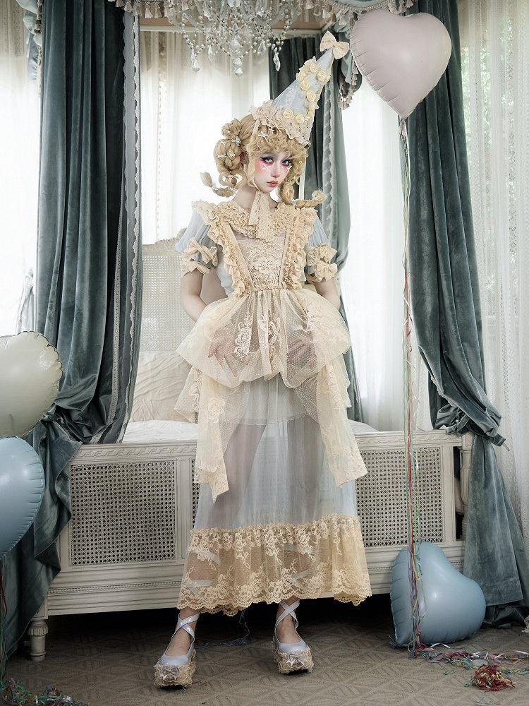 Antique-Inspired Baby Blue Sheer Tulle Dress with Apricot Lace Details - Blood Supply
