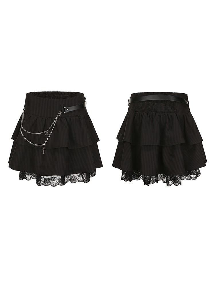 Skirt Size Embroidered Y2K Floral Trim Tiered Lace with Striped Gothic Black Plus