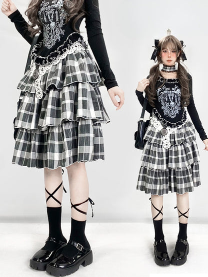 Y2K ブラック＆ホワイト チェック柄 ハイウエスト 膝丈 グラマラス ティアードスカート