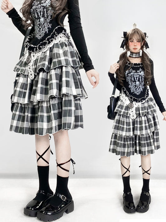 Y2K ブラック＆ホワイト チェック柄 ハイウエスト 膝丈 グラマラス ティアードスカート