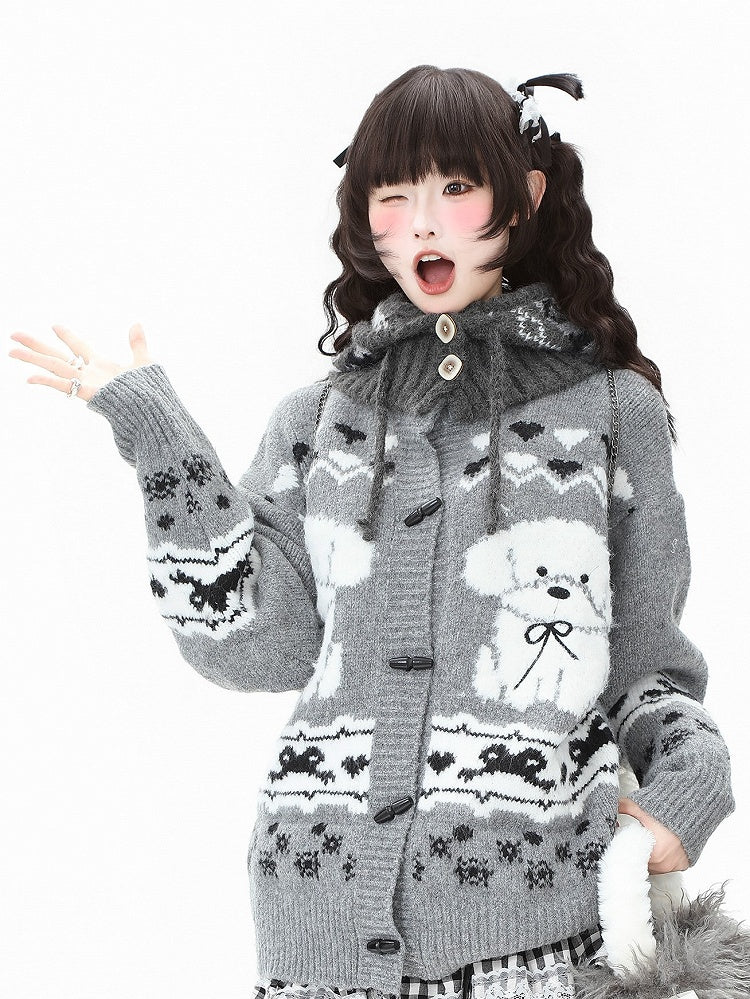 Brown/Grey with Toggle Pattern Buttons Daily Puppy Cardigan Coffee Kawaii
