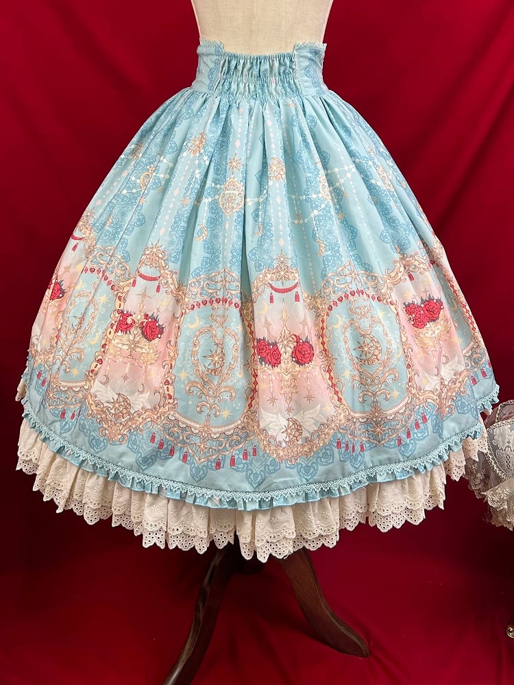 Blue Elegant Corset Belt High Waist Floral and Moon Lolita Skirt