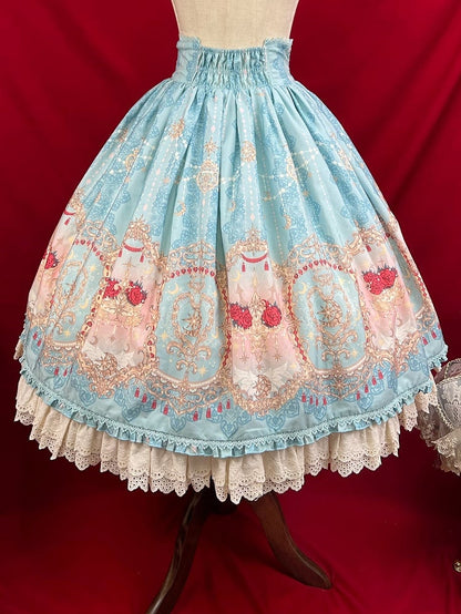 Blue Elegant Corset Belt High Waist Floral and Moon Lolita Skirt