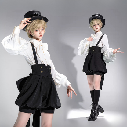 キュート+レトロショートパンツエレガントシャツリボンプリンス予約テールダーク