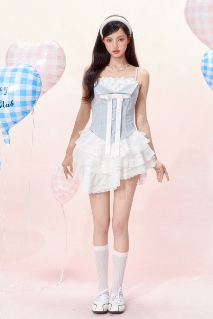 Ribbon Lace Camisole Ruffle Denim