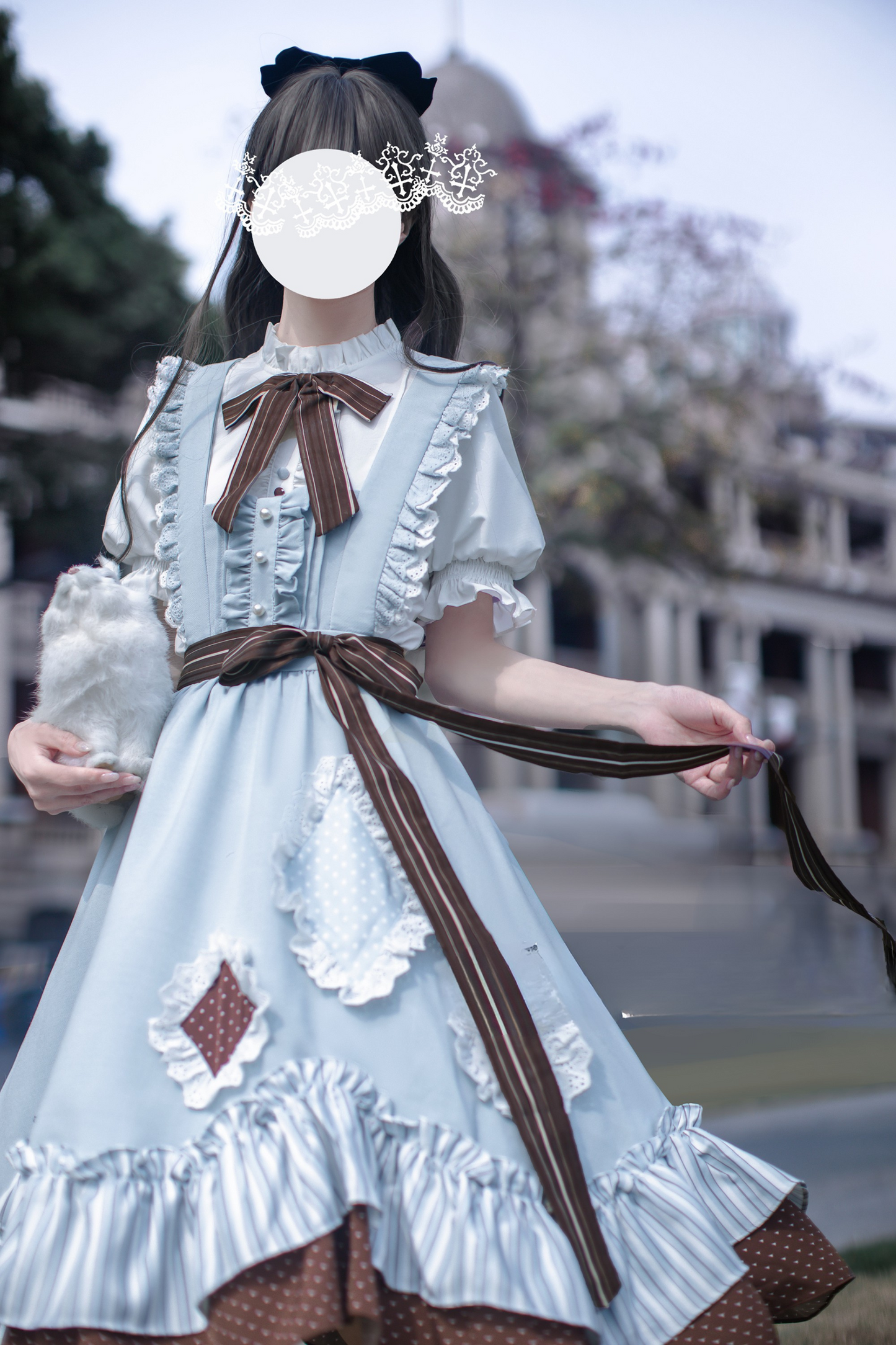 リボンシャツ レトロなヘアゴム ご予約＋ブローチ アリス風クリップスカート サスペンダー