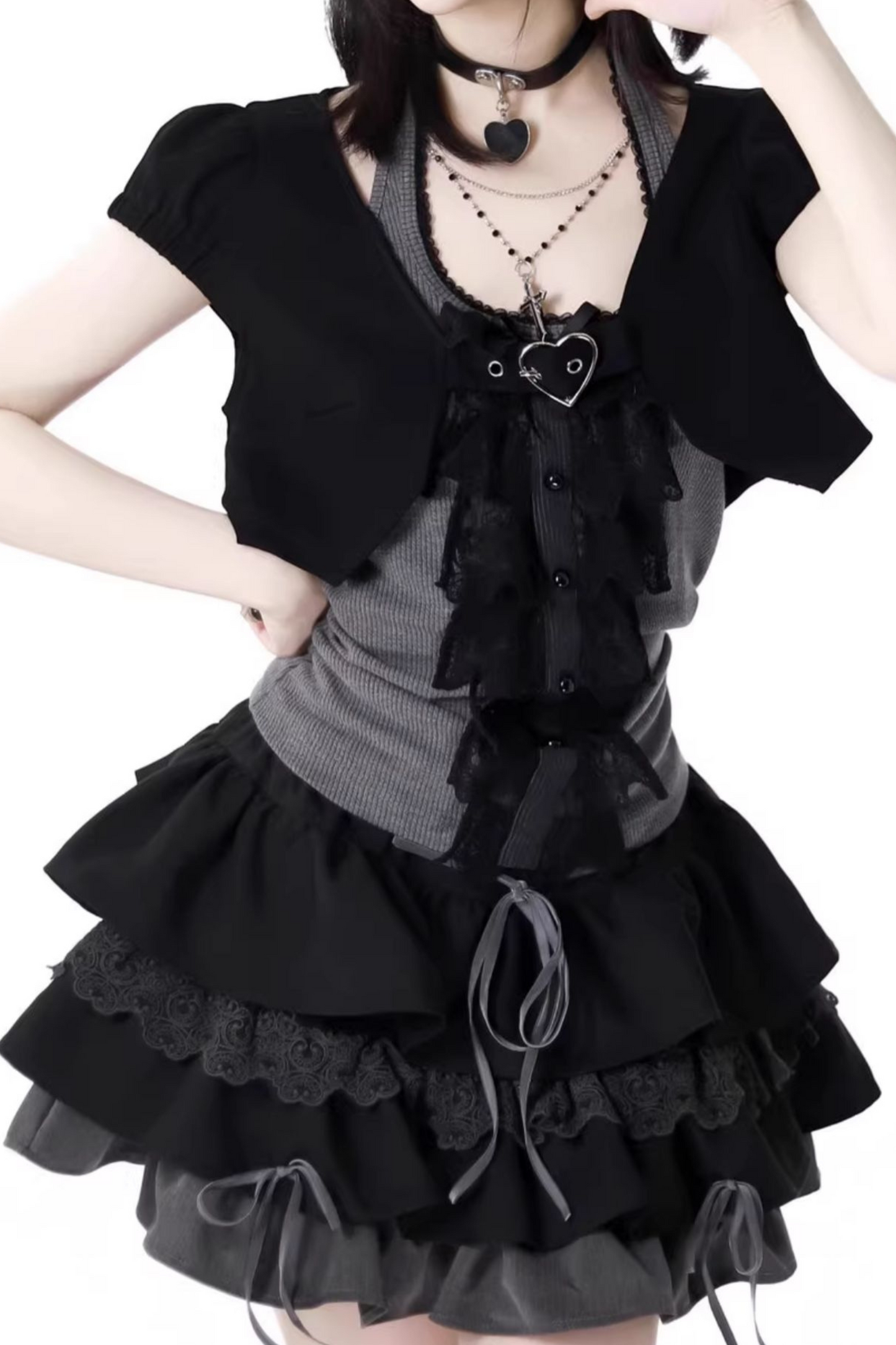 short neck cardigan lace top halter skirt + Vintage