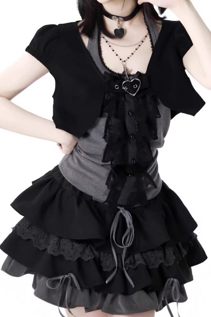 short neck cardigan lace top halter skirt + Vintage