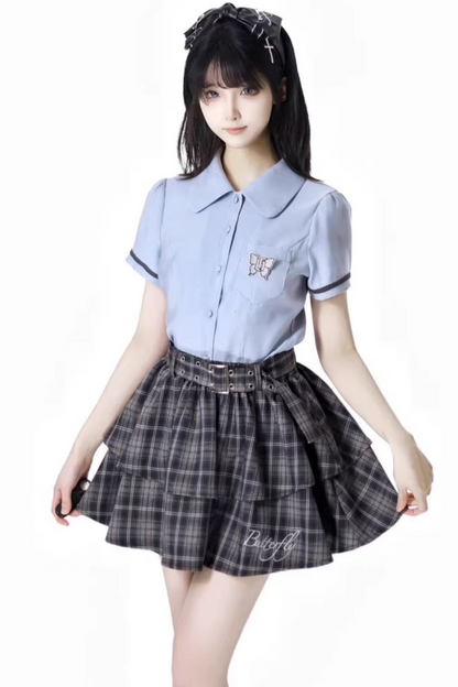 + カレッジショートサスペンダードレス、Bシャツスカート