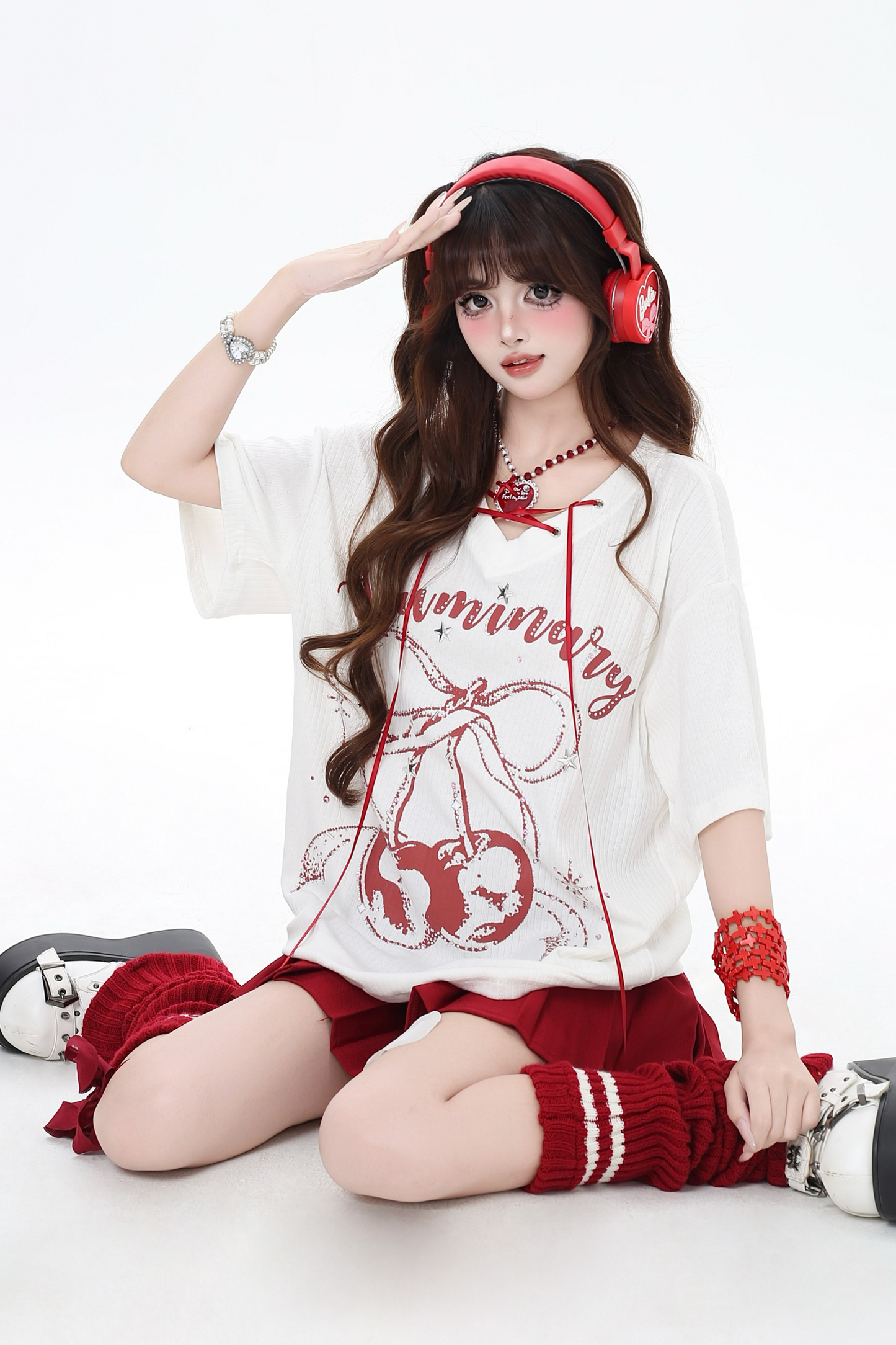 チェリーVネックのスイートトロピカルアイランドTシャツカバーアップ