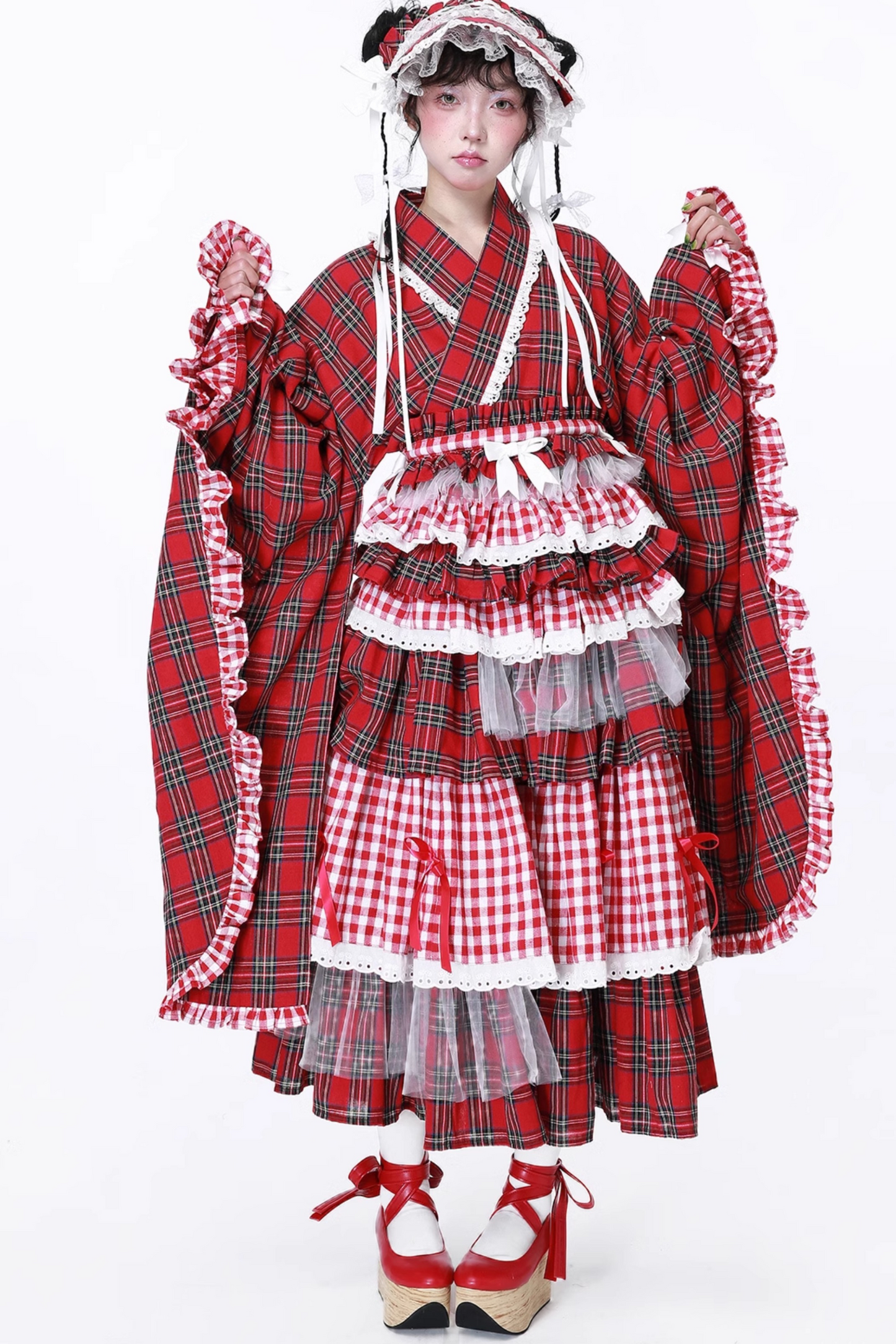 レッドシック着物レトロチェックスカート