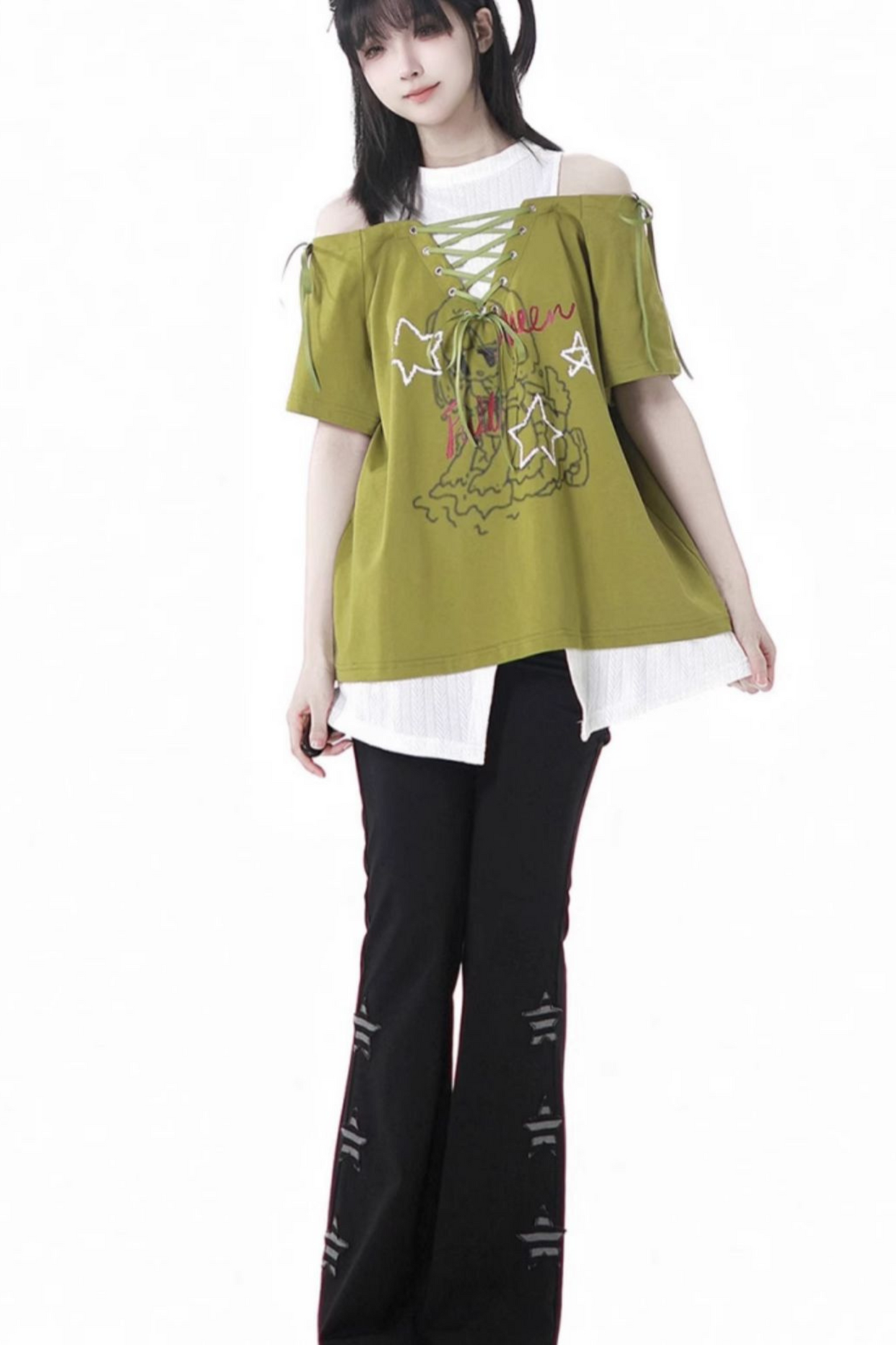 トップパンツイラスト + ガールサブカルチャーレースアップフレア