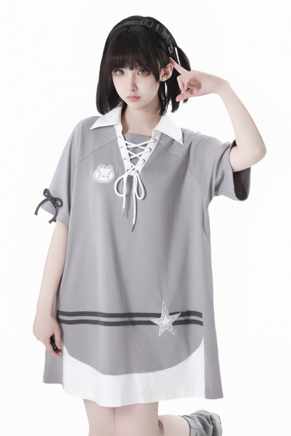 フード付きスカート レースアップトップス + ゆったりTシャツバルーン