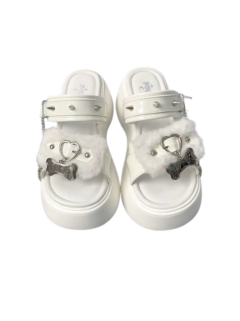 Rivet Sandal Chain Flat Platform Punk Fur