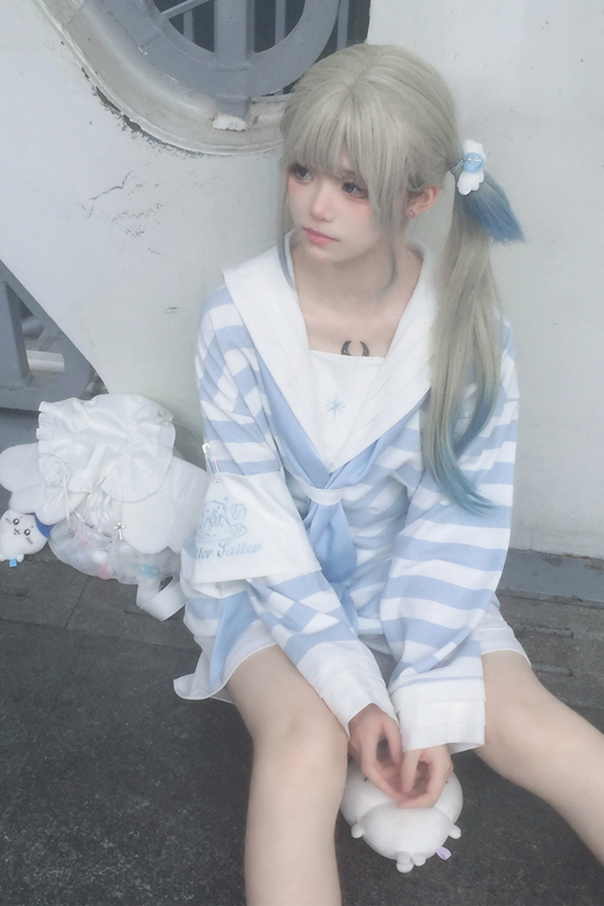Sailor Neighborhood👼 Reserved Pants Subculture Tops Striped Collar Half Angel + Item