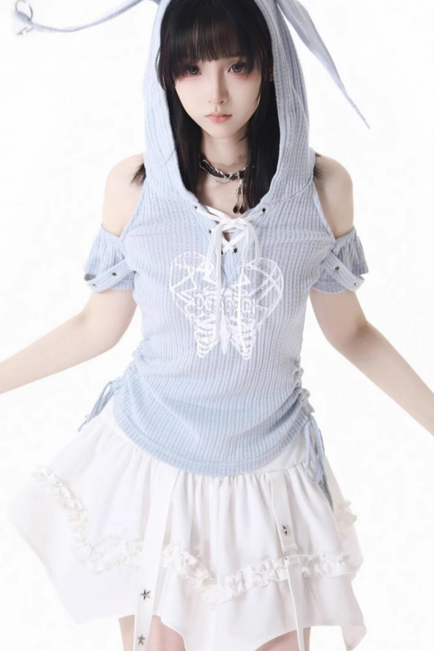 トップスカート + オフショルダーのウサギのフード付きケーキ