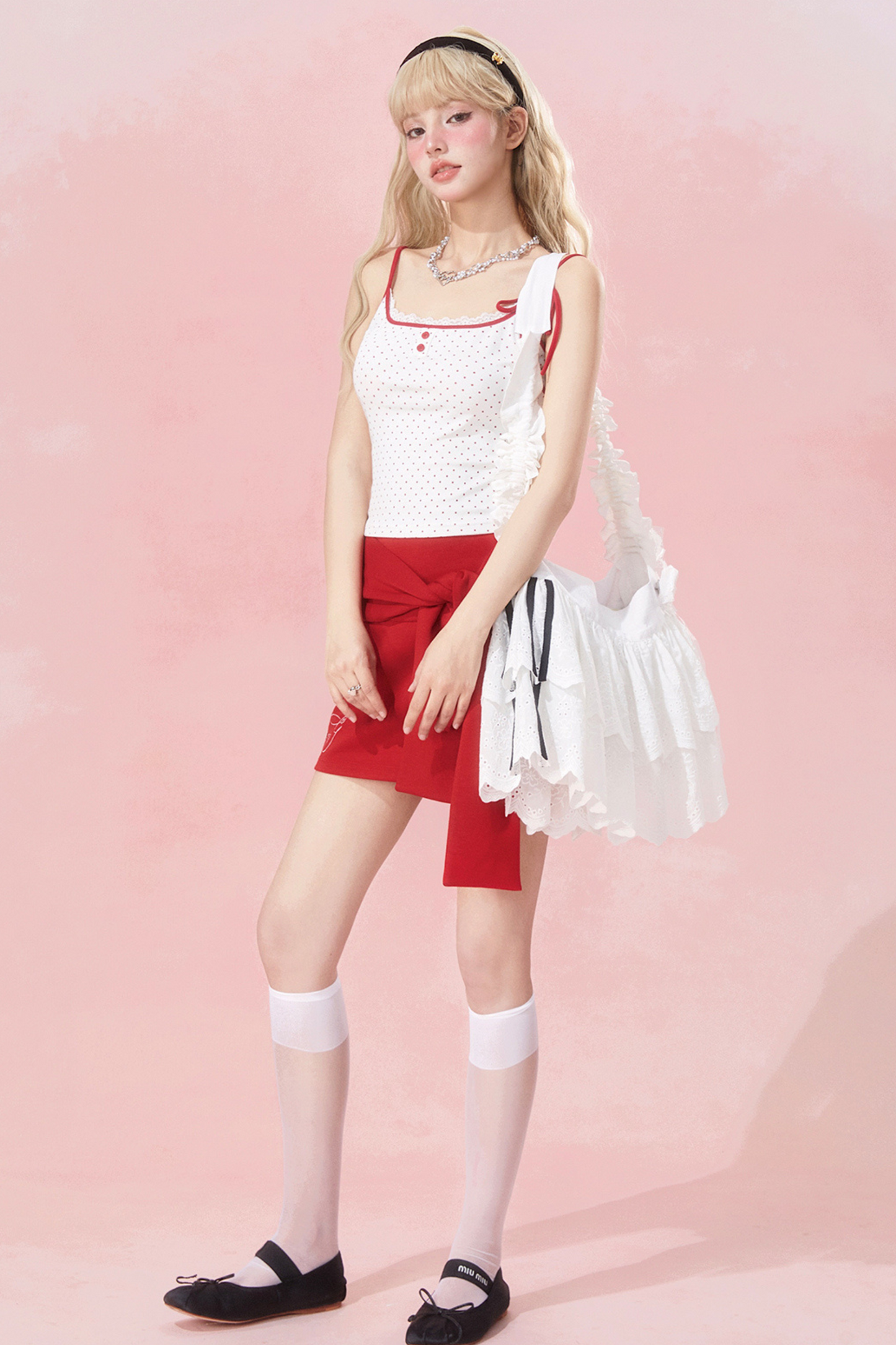 リボンスリムキャミソールドット+スカート