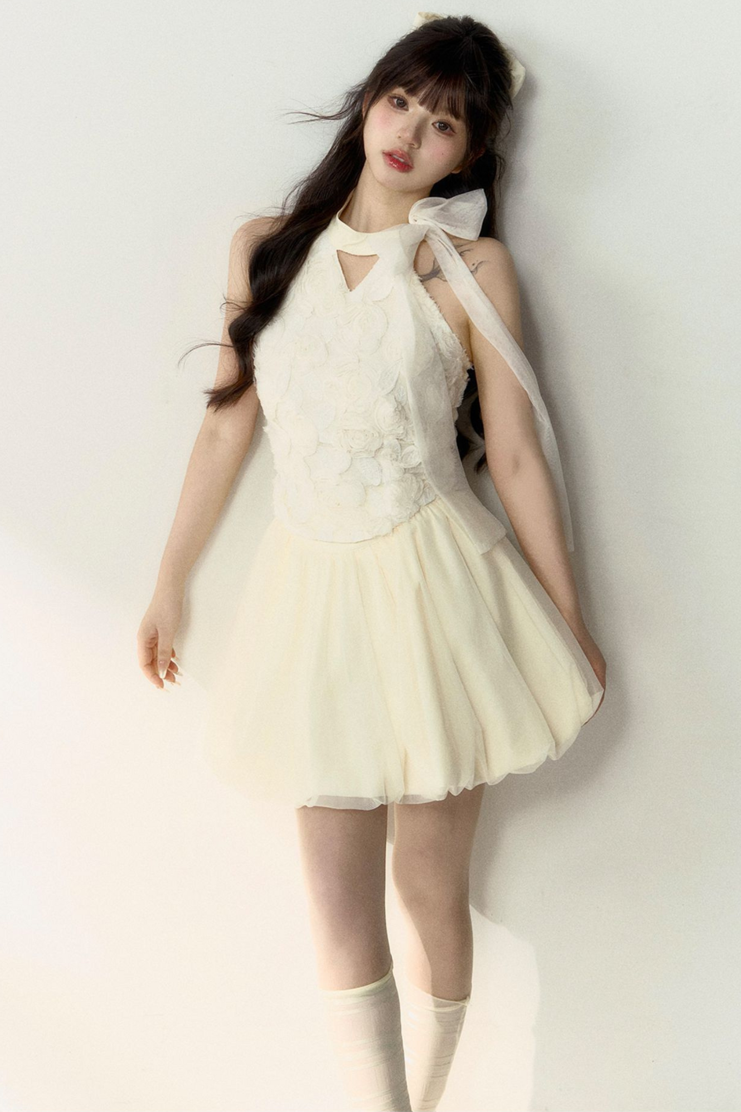 ロング丈＆スイートなノースリーブショートフラワーフレンチスカートバルーントップ