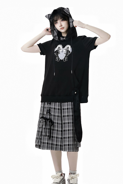 + ハーフチェックフード付きトップスパンツシャツ