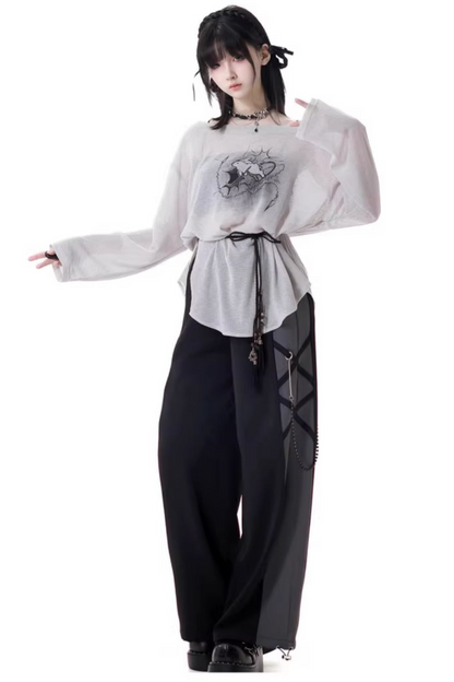 モードなトップスTシャツパンツワイド+デザインレースアップウエスト