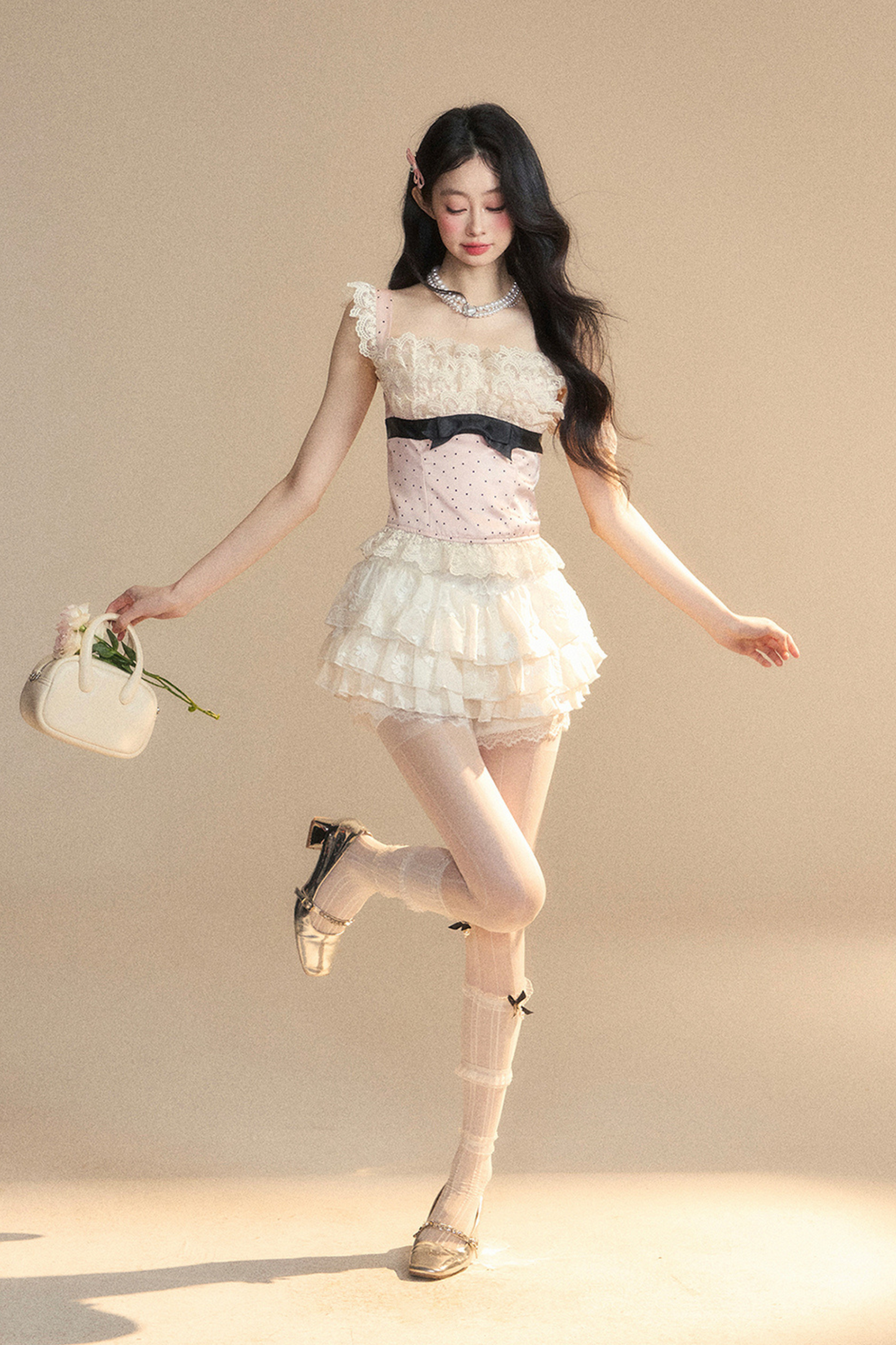 予約 トップス タイト ノースリーブ レース ドット ガーリー