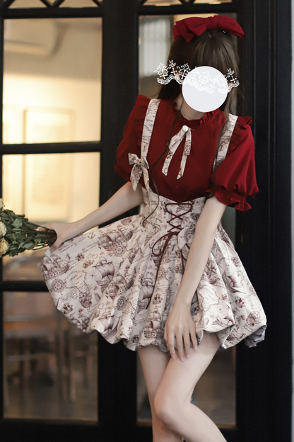 ジャンパースカート＋シャツスリーブアイテム）バルーンワインパフレッド（予約販売）