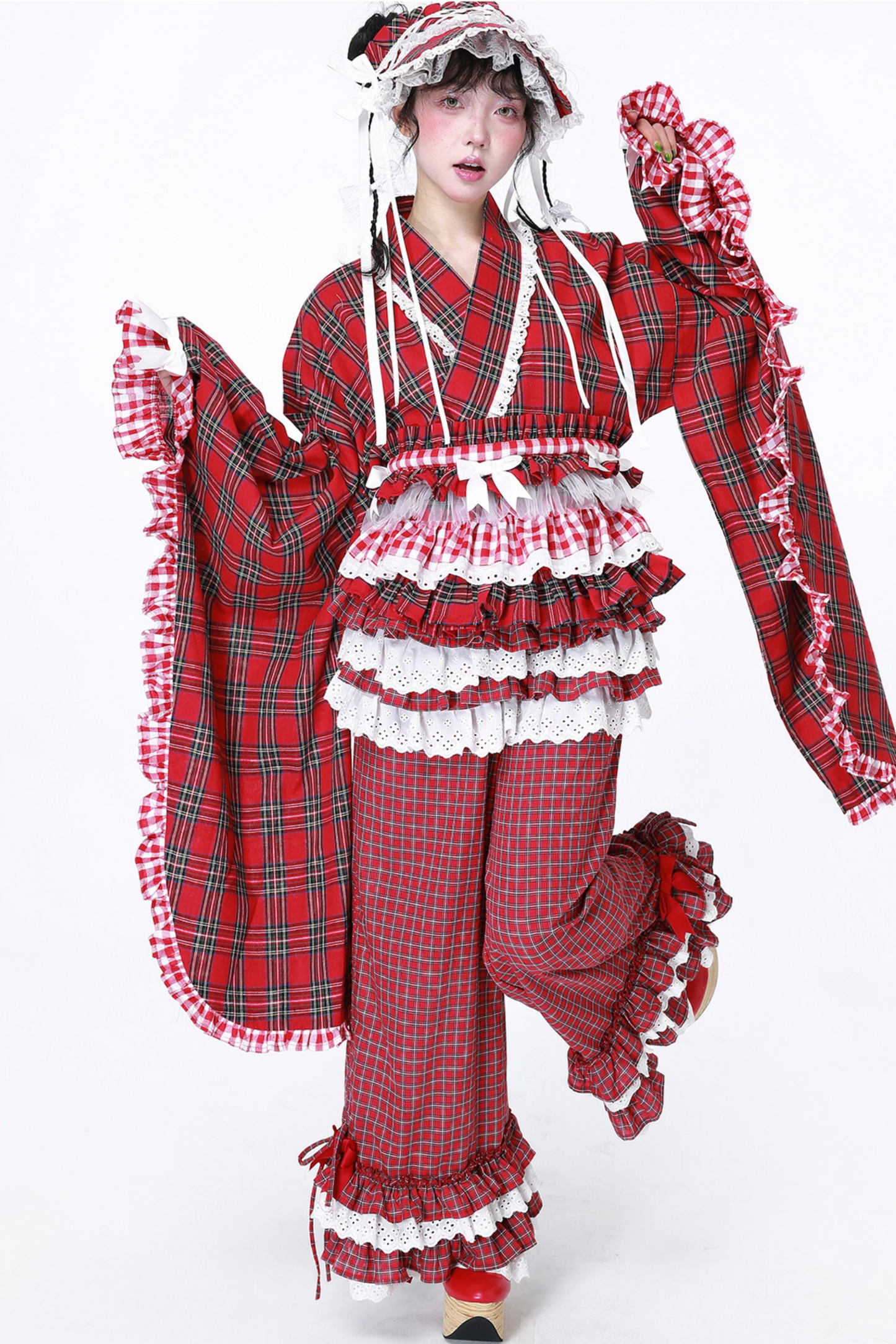 Lange Spitzenhose Retro Rüschen Karo