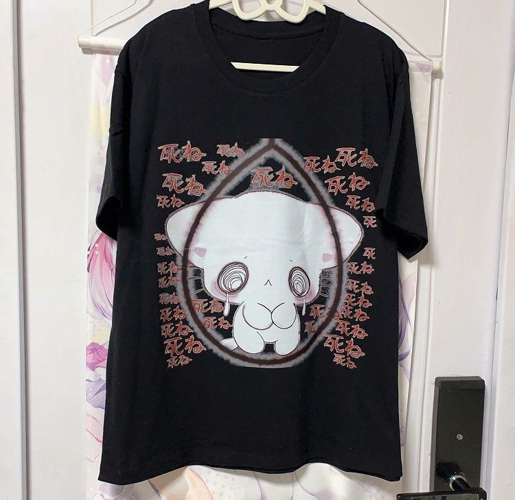 Cat Crewneck Print Black T-shirt with Cotton Dizzying