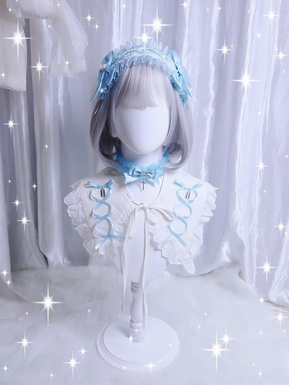 ピンク/ブルー/ホワイト ジライケイ クロス装飾レーストリム ちょう結びヘアバンド/ネックレス/リストカフ