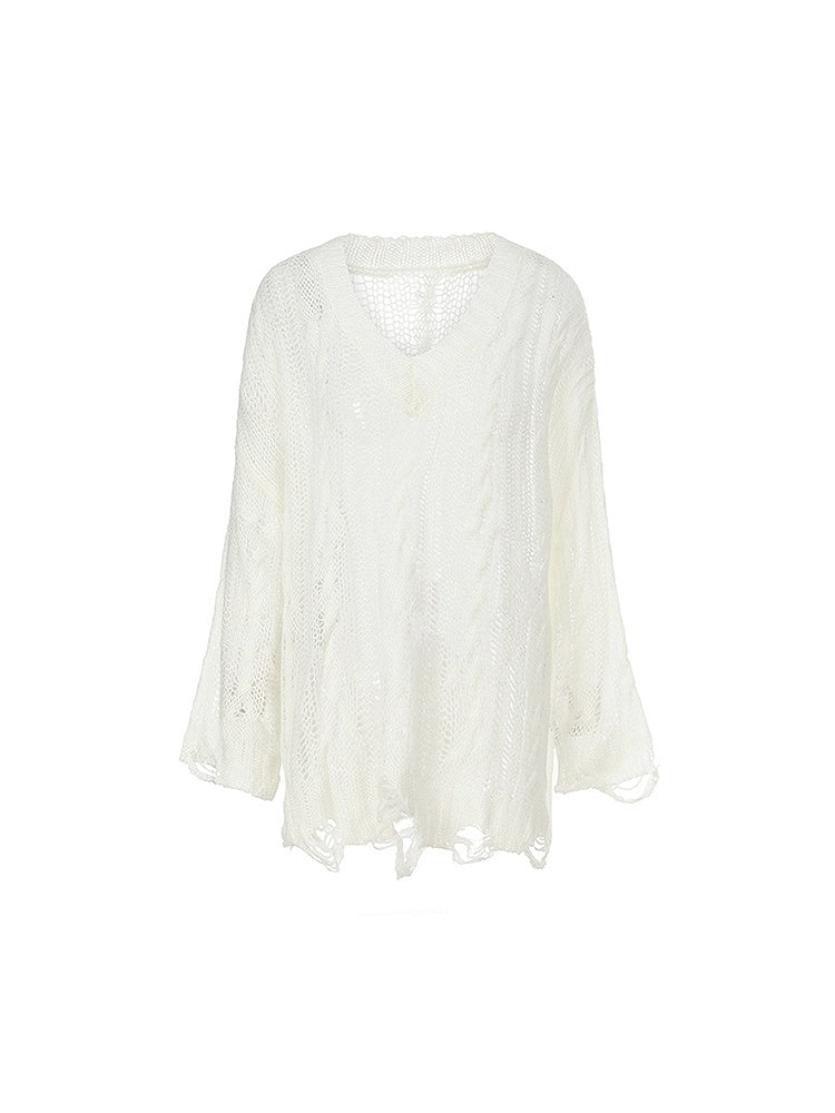 Hem Hollow-out White with Distressed V-Neck Knit Top Hole