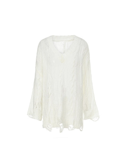 Hem Hollow-out White with Distressed V-Neck Knit Top Hole