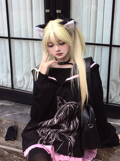 Ribbon and Girl Print Jirai Sweatshirt with Back Black/Pink Collar Bow Sailor - Kei Manga Style